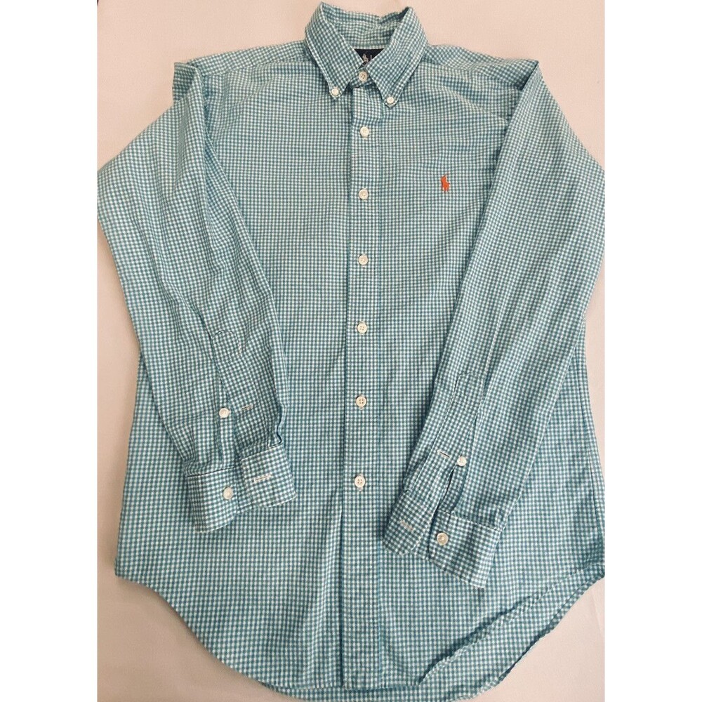 Ralph Lauren Mens Classic Fit  Aqua White Check Button Down Long Sleeve Size S